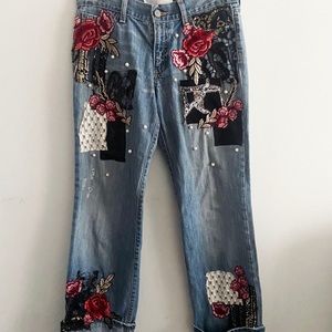 Custom patchwork & pearls jeans(Sustainably Made)